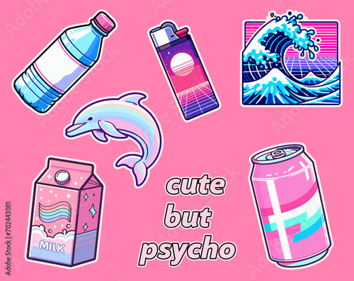 Set of vaporwave style stickers with a soda can, a dolphin, a water bottle and other cartoon style elements.