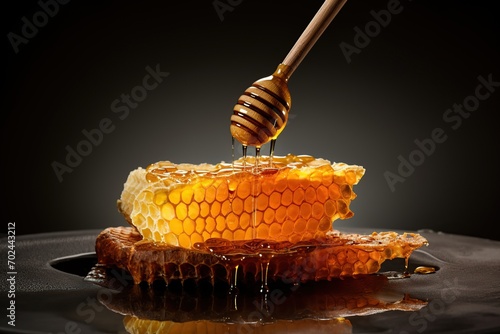 Honeycomb with honey and honey dipper on black background photo