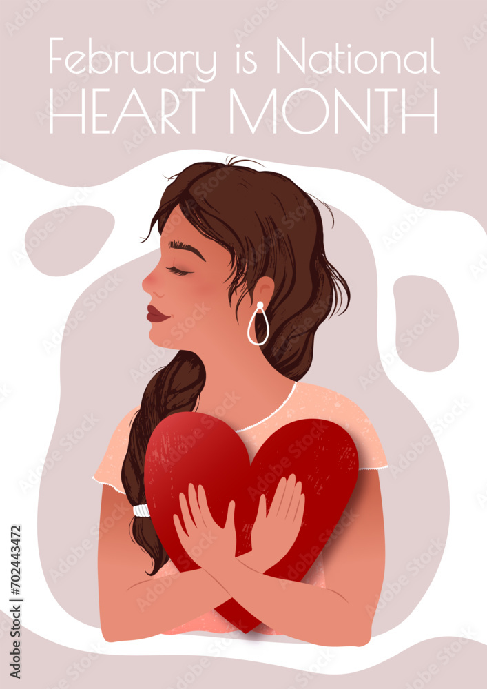 National Heart Month poster. Cute girl holds a heart in her hand. Template for your text. Delicate vector illustration.