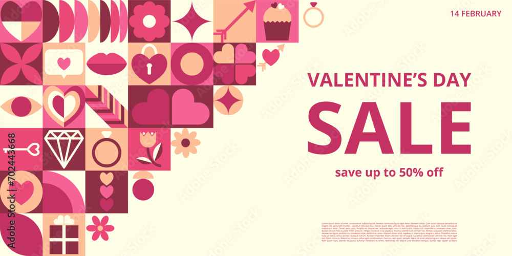 Abstract geometric Valentines day background for advertising. Icons with symbols of love, heart, gift, lips, jewel. Trendy design for banner, background, wallpaper, cover, offer Abstract geometric Valentines day background for advertising. Icons with symbols of love, heart, gift, lips, jewel. Trendy design for banner, background, wallpaper, cover, offer