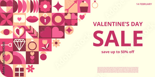 Abstract geometric Valentines day background for advertising. Icons with symbols of love, heart, gift, lips, jewel. Trendy design for banner, background, wallpaper, cover, offer