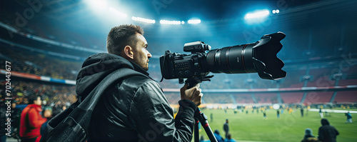 Press sport photographer with professional camera on football  stadium. photo