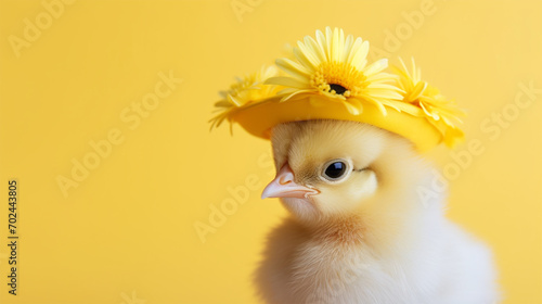 Cute yellow chicken in a wreath of flowers. Postcard.