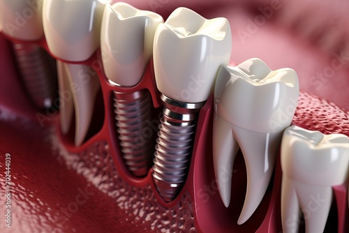 Precise dental implant fitting on human mouth model, illustrating technique involved.