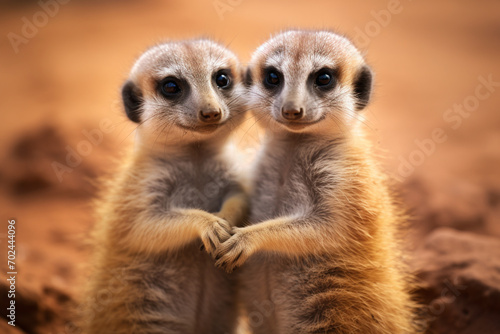 Two young suricates (Suricata suricate) appear to be greeting each other