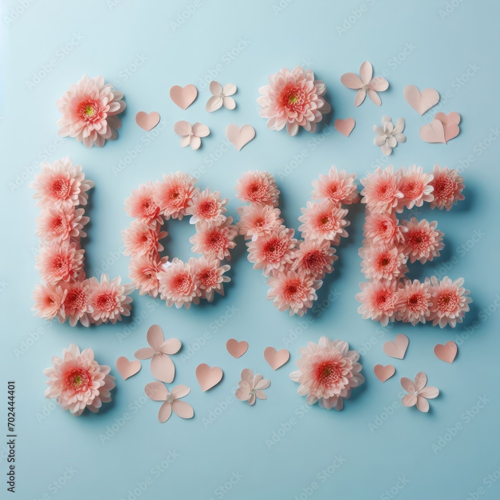 Word love made of pink flowers on pastel blue background. Hearts made of petals. Flat lay creative composition, pink pastel colors Word love made of pink flowers on pastel blue background. Hearts made of petals. Flat lay creative composition, pink pastel colors