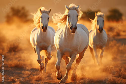 dynamic image capturing a herd of horses galloping with vigor through a desert. Dust billows around their hooves, creating a powerful scene of natural beauty and unbridled energy