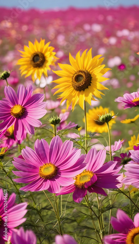 View of pink cosmos flower and sunflower