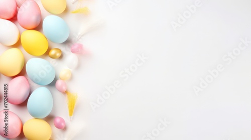 Colorful easter bunny balloons copy space on a pastel blue background. Generate AI