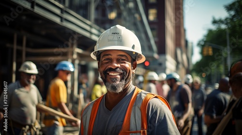 Confident Construction Worker in Hard Hat and Reflective Vest Smiling at Construction Site