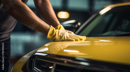 hand of a man in a yellow glove cleaning a car with a microfiber cloth, washing and polishing the surface of the car © Margo_Alexa