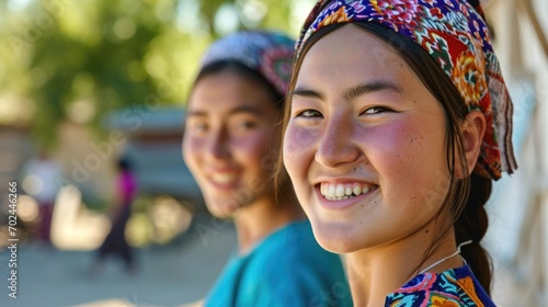 Smiling central asian young women looking at the camera. photo
