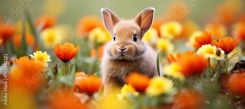 Adorable bunny with easter eggs in flowery meadow, vibrant image with copy space for text placement