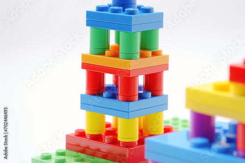 Closeup bright colorful toy made of plastic blocks children's building tower volume style illustration isolated on white