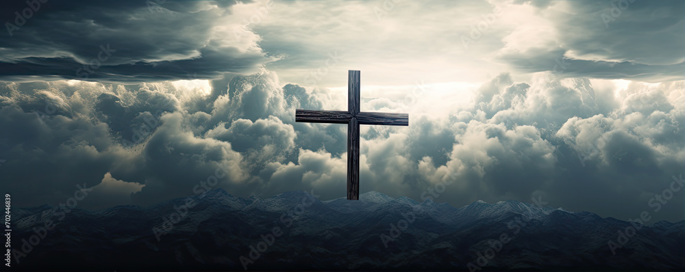 cross in clouds symbol of the death and resurrection , copy space for text. - obrazy, fototapety, plakaty 