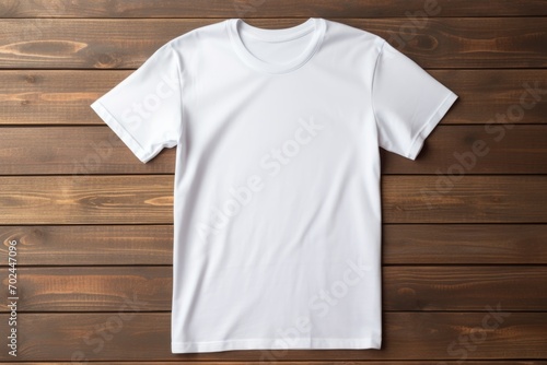 Showcase sophistication with this white t-shirt photo mockup against a textured wooden background, combining simplicity with elegance photo