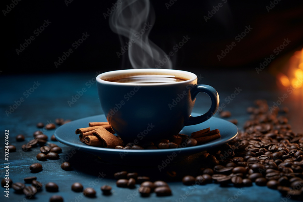 Fototapeta premium Hot coffee in blue cup and roasted coffee beans placed on a black wooden table