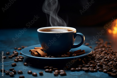 Hot coffee in blue cup and roasted coffee beans placed on a black wooden table