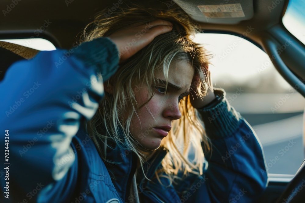 a distressed individual with blonde hair seated in the driver's seat ...