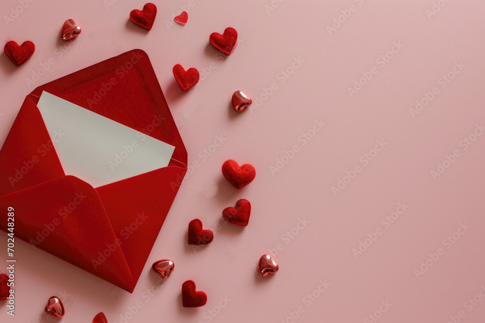 Romantic red envelope, white letter peeking, surrounded by scattered heart shapes on soft pink. Evokes love and Valentine's Day. Colorful and thematic