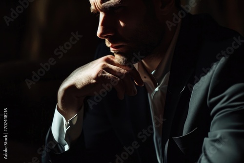 Image of a man in dark suit and white shirt, seated, hand on chin, face partially shaded. Dramatic lighting highlights textures. Evokes contemplation and intensity photo