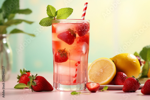 Summer strawberry lemonade on light background Strawberry mojito with berries and mint