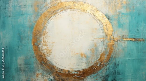 aqua blue abstract painting with a gold and blue ring,, copy space, 16:9 photo