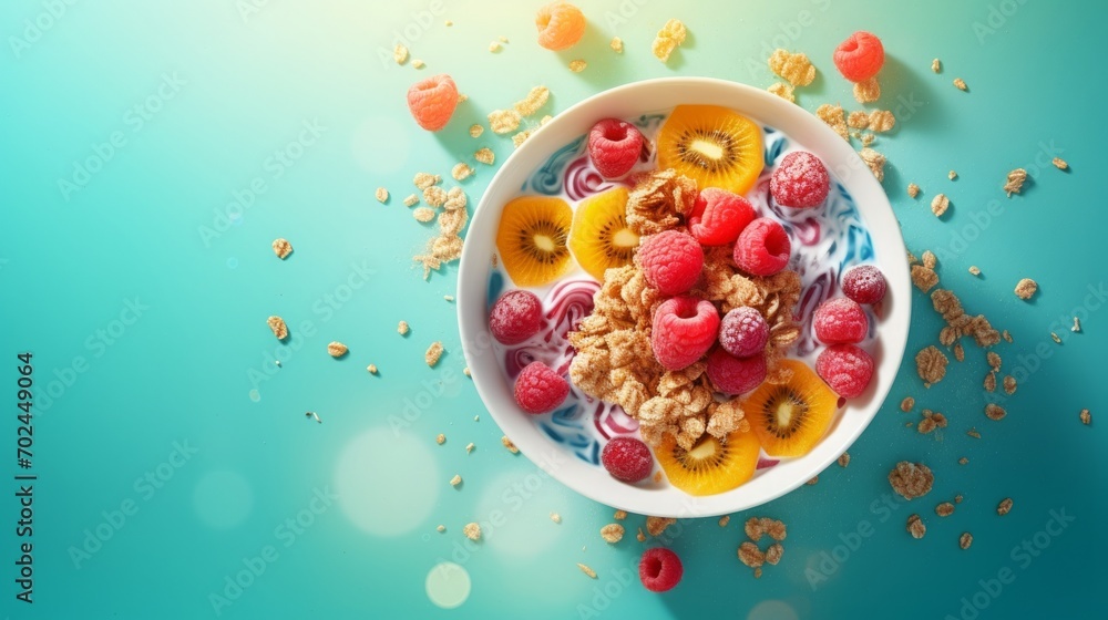 aerial view, Breakfast cereal in a cereal bowl, food fotography, copy space, 16:9 aerial view, Breakfast cereal in a cereal bowl, food fotography, copy space, 16:9
