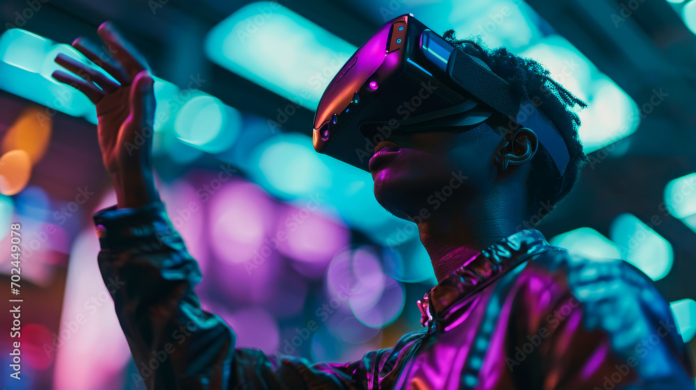 African-American man in a VR headset exploring the world of the metaverse, touching objects of virtual reality neon African-American man in a VR headset exploring the world of the metaverse, touching objects of virtual reality neon
