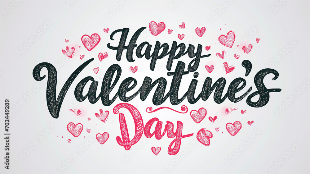 Handwritten calligraphy text saying 'Happy Valentine's Day' in black lettering, set against a white background adorned with pink hearts, charming and festive illustration.