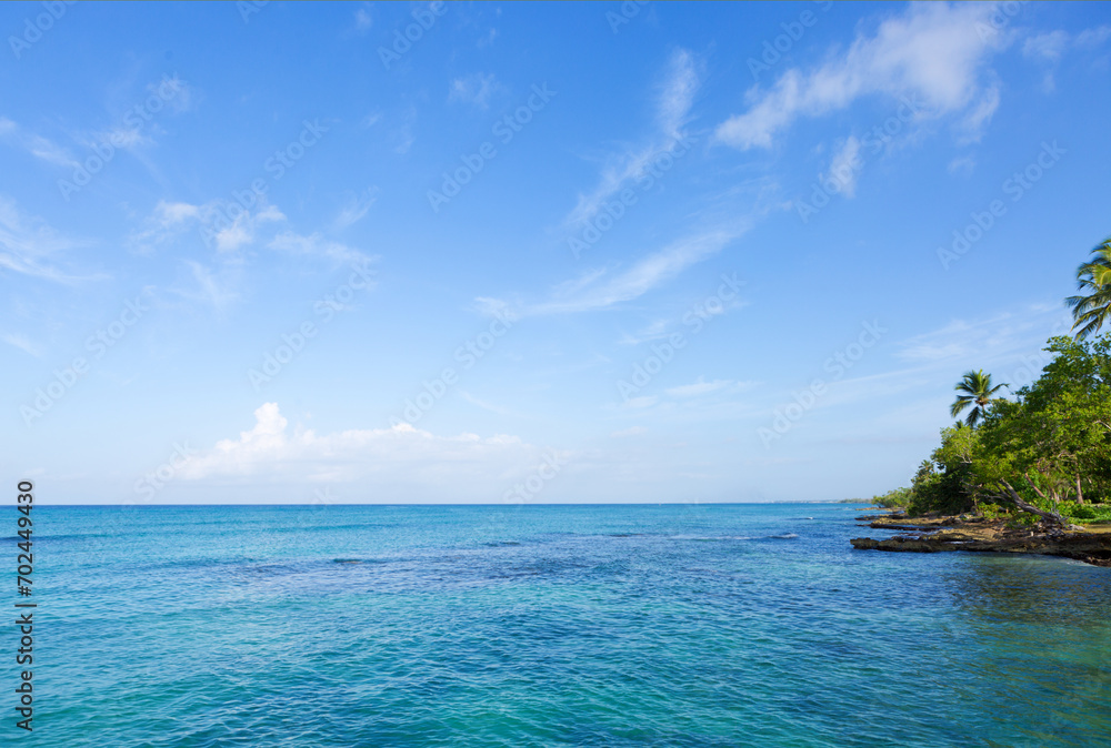 Palm trees on tropical beach with blue sky and white clouds . Travel background. Palm trees on tropical beach with blue sky and white clouds . Travel background.