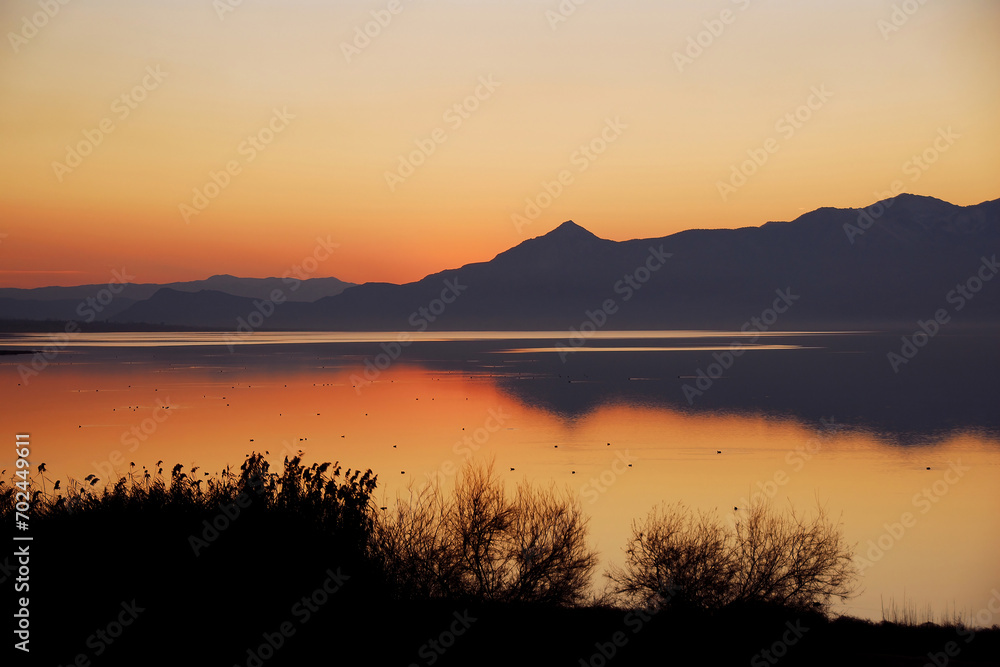 Sunset view and birds at Lake Burdur in Turkey. Sunset view and birds at Lake Burdur in Turkey.