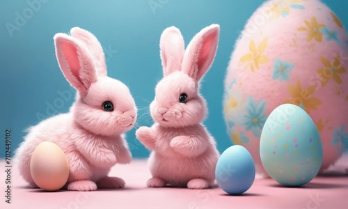 Cute fluffy white Easter couple of pastel pink bunnies among colorful eggs on a blue background. Minimal Easter holiday concept.Wide screen wallpaper. Panoramic web banner with copy space for design.