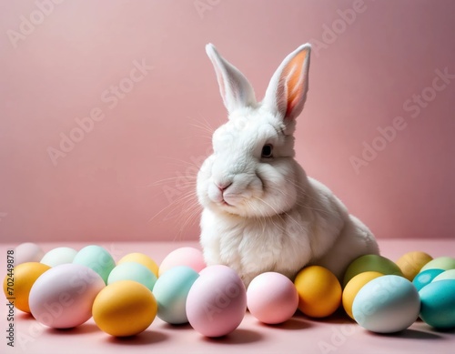 Cute fluffy white Easter bunny among colorful eggs on a pink background. Minimal Easter holiday concept.Wide screen wallpaper. Panoramic web banner with copy space for design.