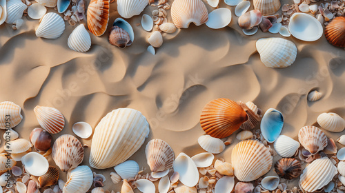 Seabed with different seashells and sea stars, top view