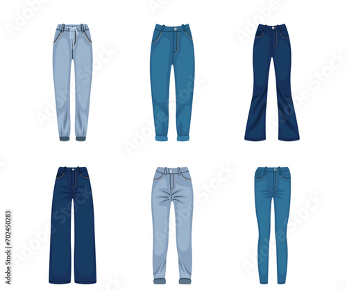 Set of fashionable women's pants, jeans in cartoon style. Vector illustration of different types of stylish women's pants: sports, jeans, cloches, skinny, straight cut isolated on white background.