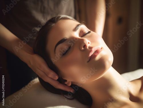 A woman having a relaxing face massage in a beauty salon