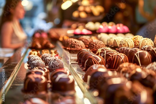 Amongst a display of gourmet chocolates, a woman with a sweet tooth marvels at the artistry of each handcrafted treat. photo