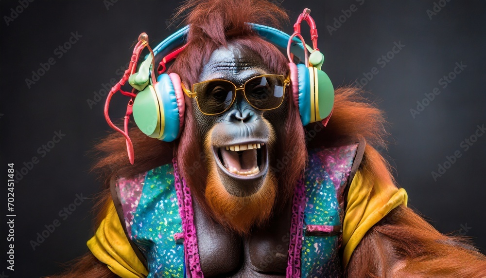 © creativemariolorek - Colorful orang-utan with headphones on black background in retro suit © creativemariolorek - Colorful orang-utan with headphones on black background in retro suit
