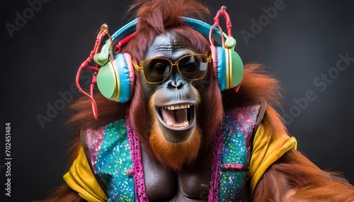 Colorful orang-utan with headphones on black background in retro suit photo