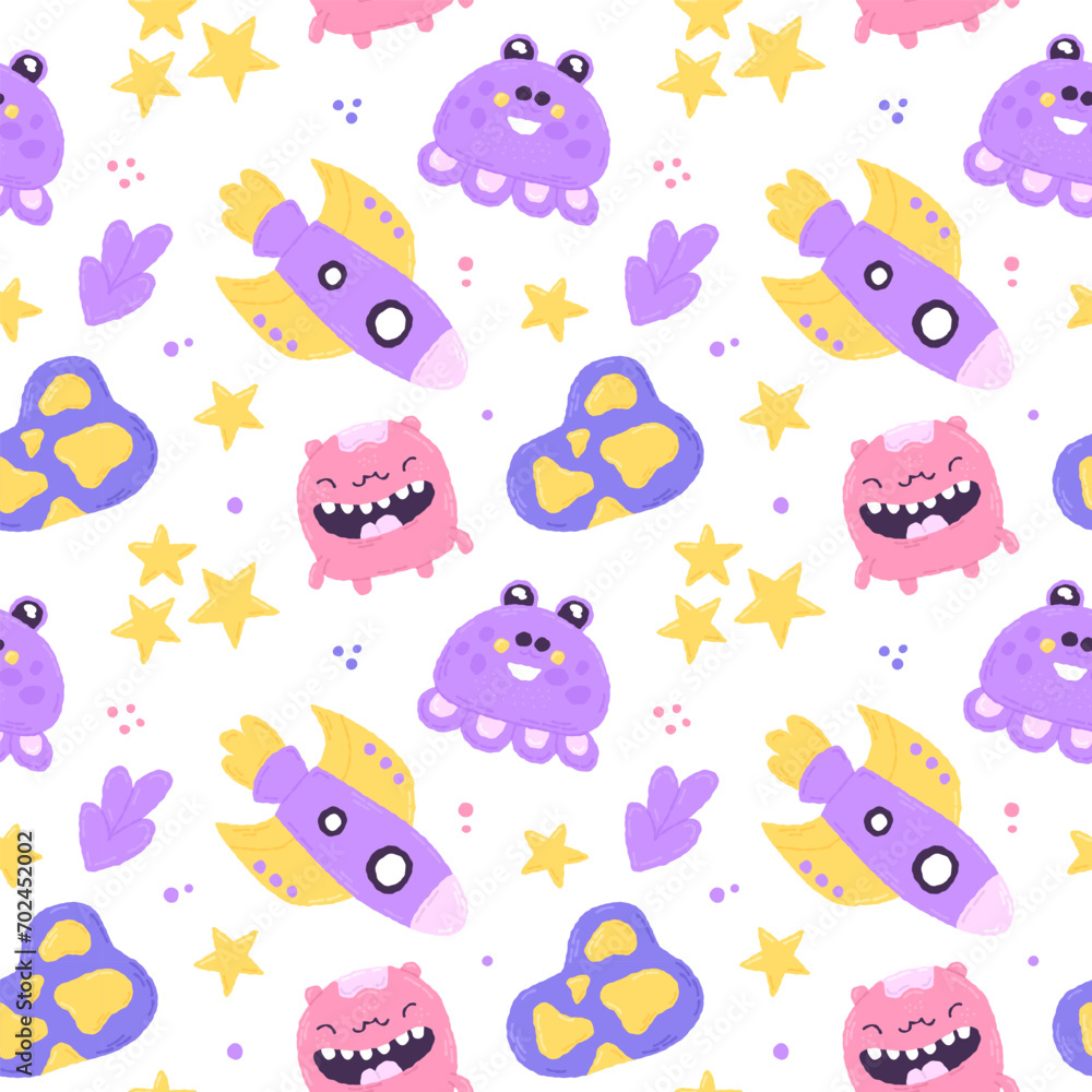 Baby cute seamless pattern with space elements on white background. Hand drawn flat cartoon style. Vector illustration Baby cute seamless pattern with space elements on white background. Hand drawn flat cartoon style. Vector illustration
