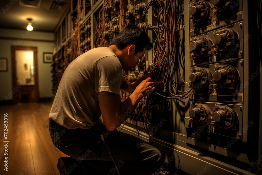 Experienced electrician using a flashlight to inspect the switchboard during a power outage Experienced electrician using a flashlight to inspect the switchboard during a power outage