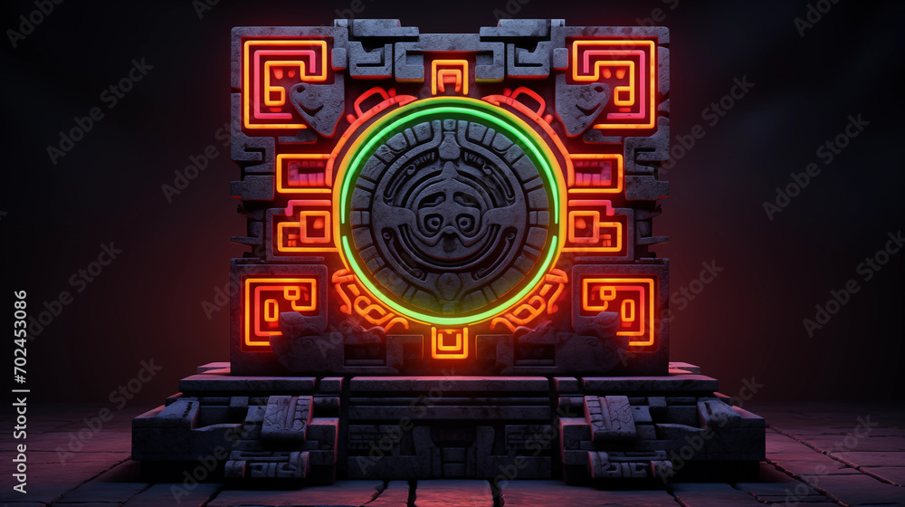 Fototapeta premium Stone background with patterns in the style of the Aztec civilization in a neon glow.