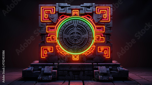 Stone background with patterns in the style of the Aztec civilization in a neon glow.