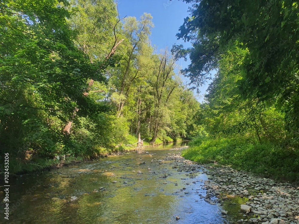 Idyllic creek: Schwechat river next to Helenentalradweg. Wonderful and calm landscape. Perfect place for cycling between Baden and Alland in Lower Austria
