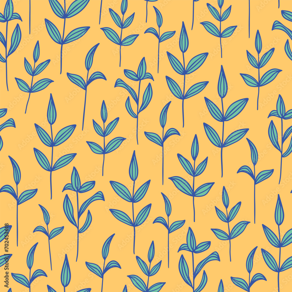 Hand drawn leaves seamless repeat pattern. Vector botany plants aop all over surface print on yellow background. Hand drawn leaves seamless repeat pattern. Vector botany plants aop all over surface print on yellow background.