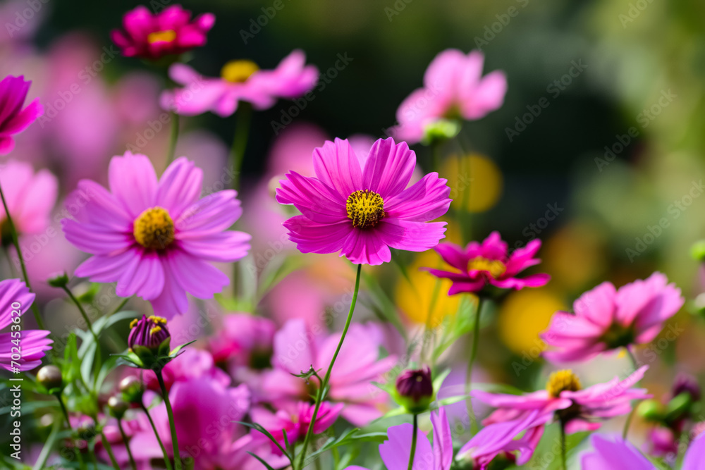 Bright pink cosmos flowers in full bloom against a blurred background.