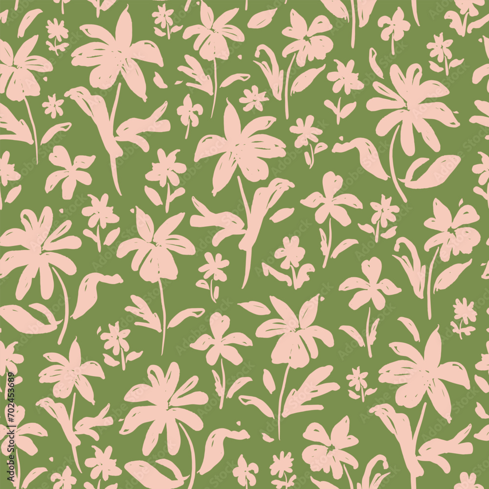 Shadow blooms with leaves seamless repeat pattern. Pink, botany flowers aop all over surface print on matcha green background.