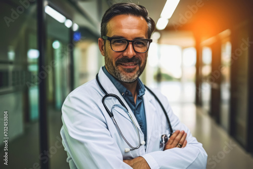 Confident male doctor with glasses smiling in a hospital corridor. photo