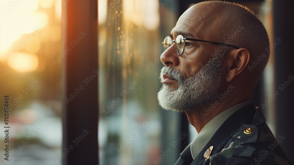 Pensive mature military man looking through a window - obrazy, fototapety, plakaty 